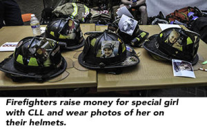 Firefighters raise money for special girl with CLL and wear photos of her on their helmets.